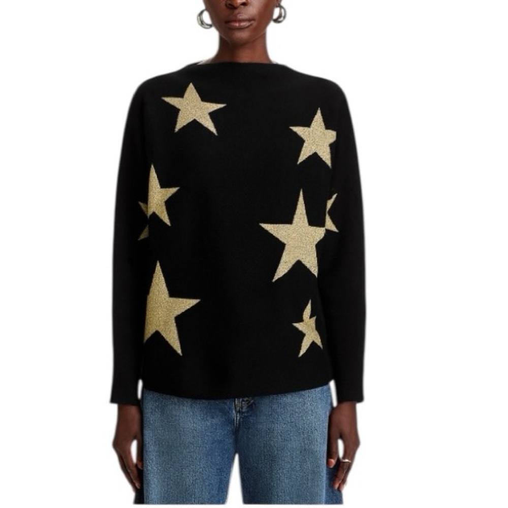 Sioni Star Print High Neck Dolma Sleeve Sweater in Black Size Medium - Picture 2 of 10